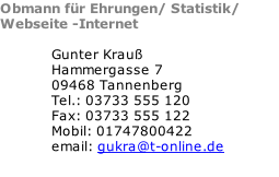 Obmann für Ehrungen/ Statistik/ Webseite -Internet  Gunter Krauß Hammergasse 7 09468 Tannenberg Tel.:	03733 555 120 Fax:	03733 555 122 Mobil: 01747800422 email:	gukra@t-online.de